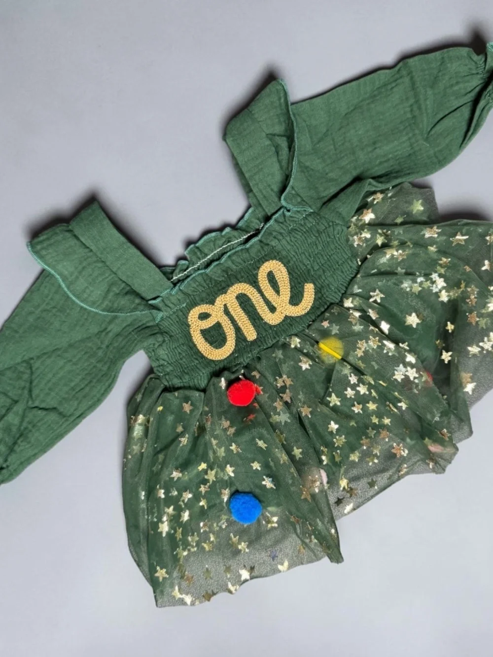 Baby Girl ONE Birthday Tulle Romper Green Gold Stars 3-6M